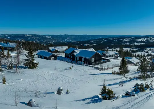 Utsiktsbilde fra Ølnesseter Hyttegrend på vinteren. Man ser flere hytter med fjellandskap i bakgrunn