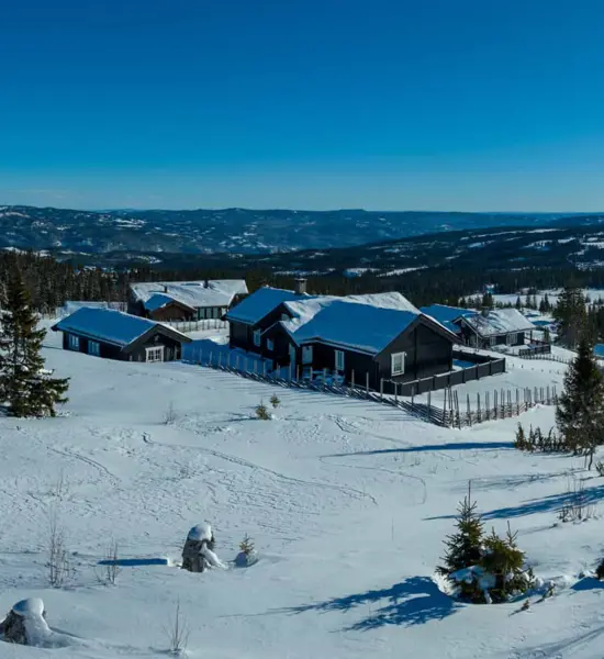 Utsiktsbilde fra Ølnesseter Hyttegrend på vinteren. Man ser flere hytter med fjellandskap i bakgrunn